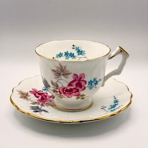 Aynsley England Bone China Teacup Saucer Set Pink Peony Blue Floral Gold Trim 31